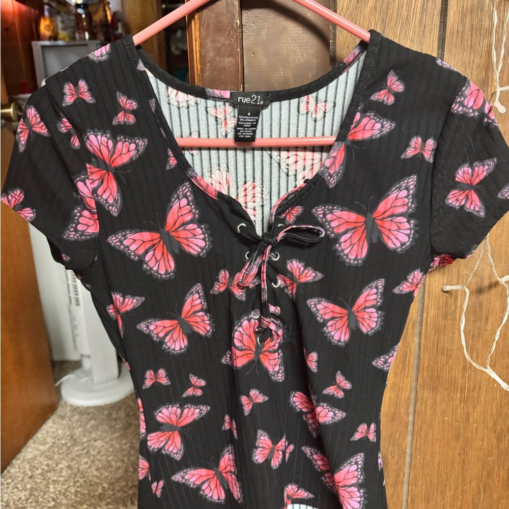 Rue21 Black and Pink butterfly top